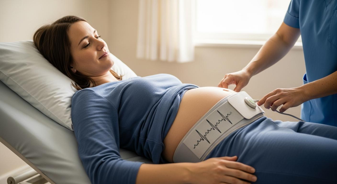 Une femme enceinte allongée avec une ceinture de monitoring grossesse sur le ventre