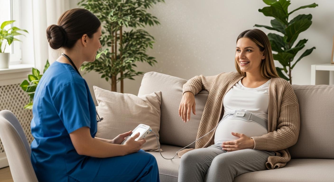 Une sage-femme réalise un monitoring grossesse à domicile sur une future maman dans son salon