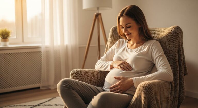 Femme enceinte détendue dans son salon illustrant l effet de l ocytocine avant l accouchement