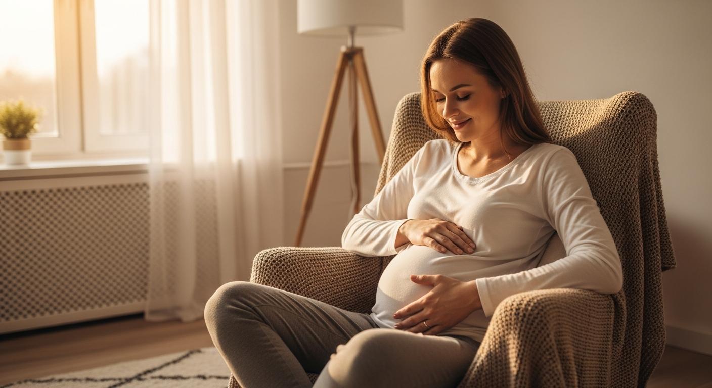 Femme enceinte détendue dans son salon illustrant l effet de l ocytocine avant l accouchement