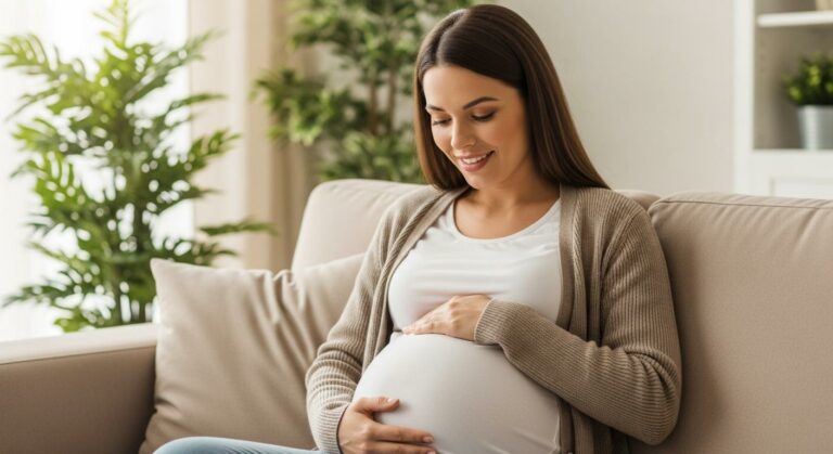 A future mom feels her child's movements and tries to analyze the baby position kicks in her living room.