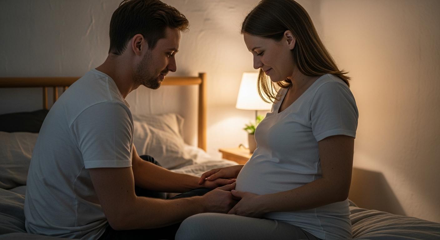 A couple attentive to in utero movements to spot the baby position kicks together.