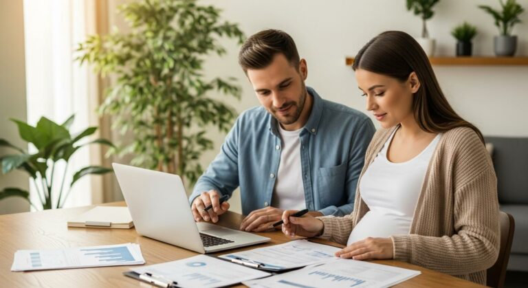 Couple de futurs parents calculant le budget et le prix accouchement France dans leur salon