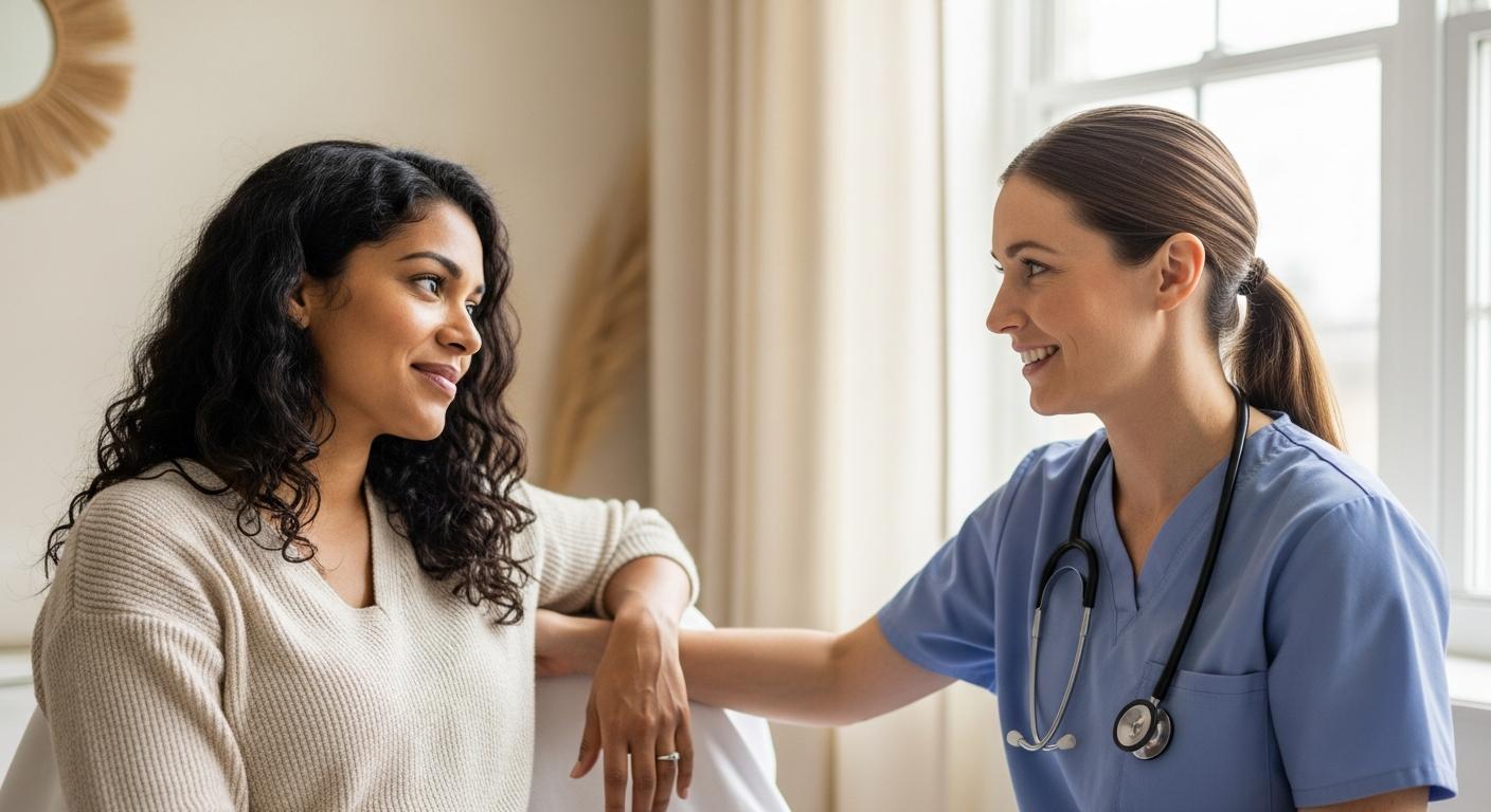Femme en consultation médicale discutant des symptomes d'un prolapsus après accouchement avec une sage-femme