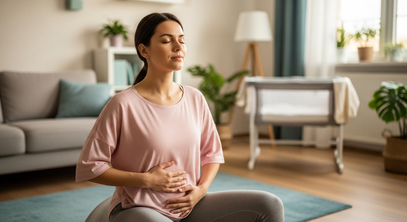 Jeune maman pratiquant une rééducation douce sur ballon pour traiter un prolapsus après accouchement