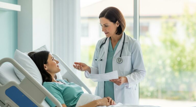 Médecin expliquant les causes de la rétention placentaire à une jeune maman allongée dans un lit d'hôpital.