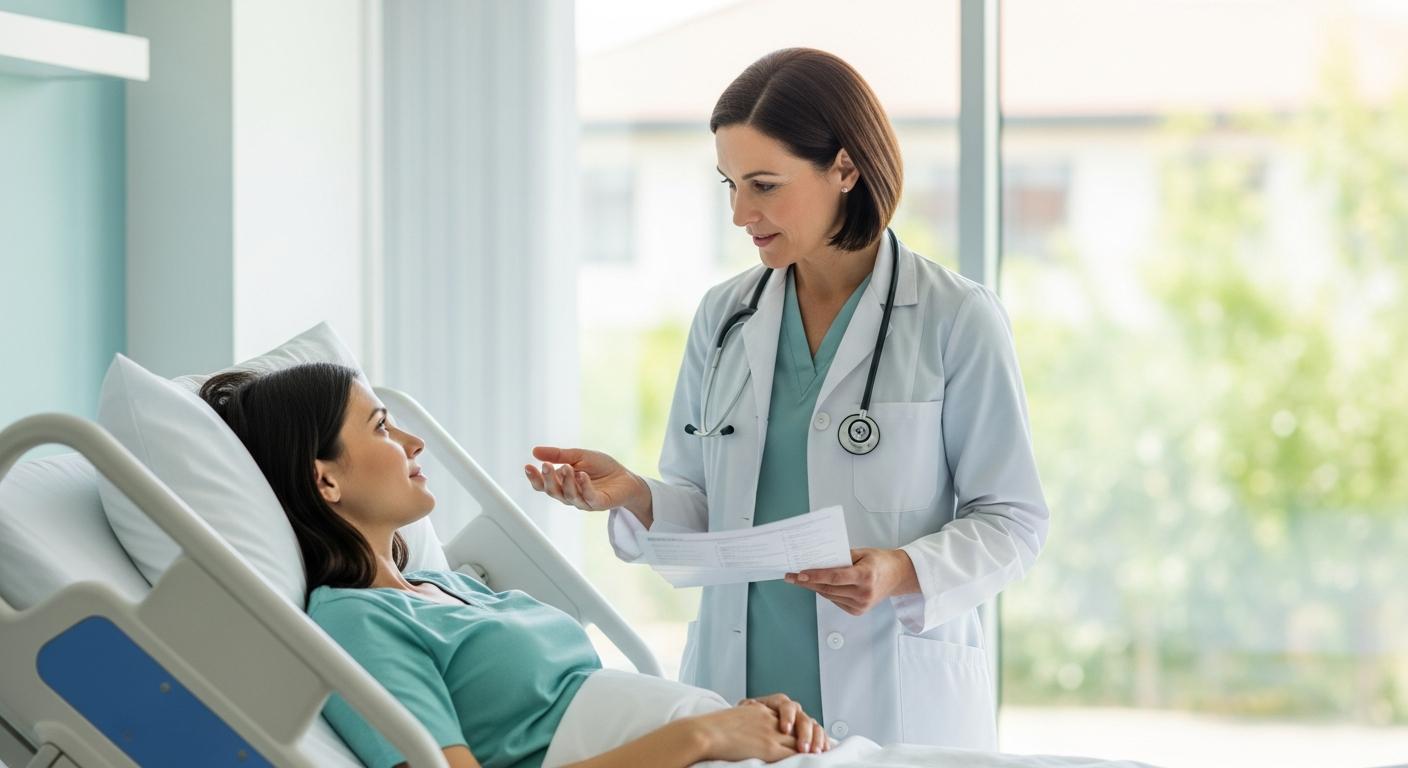 Médecin expliquant les causes de la rétention placentaire à une jeune maman allongée dans un lit d'hôpital.