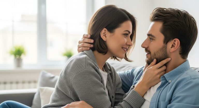 Une jeune femme souriante, accompagnée d'un homme qui la serre tendrement, évoquant le bonheur après un test grossesse maison positif.