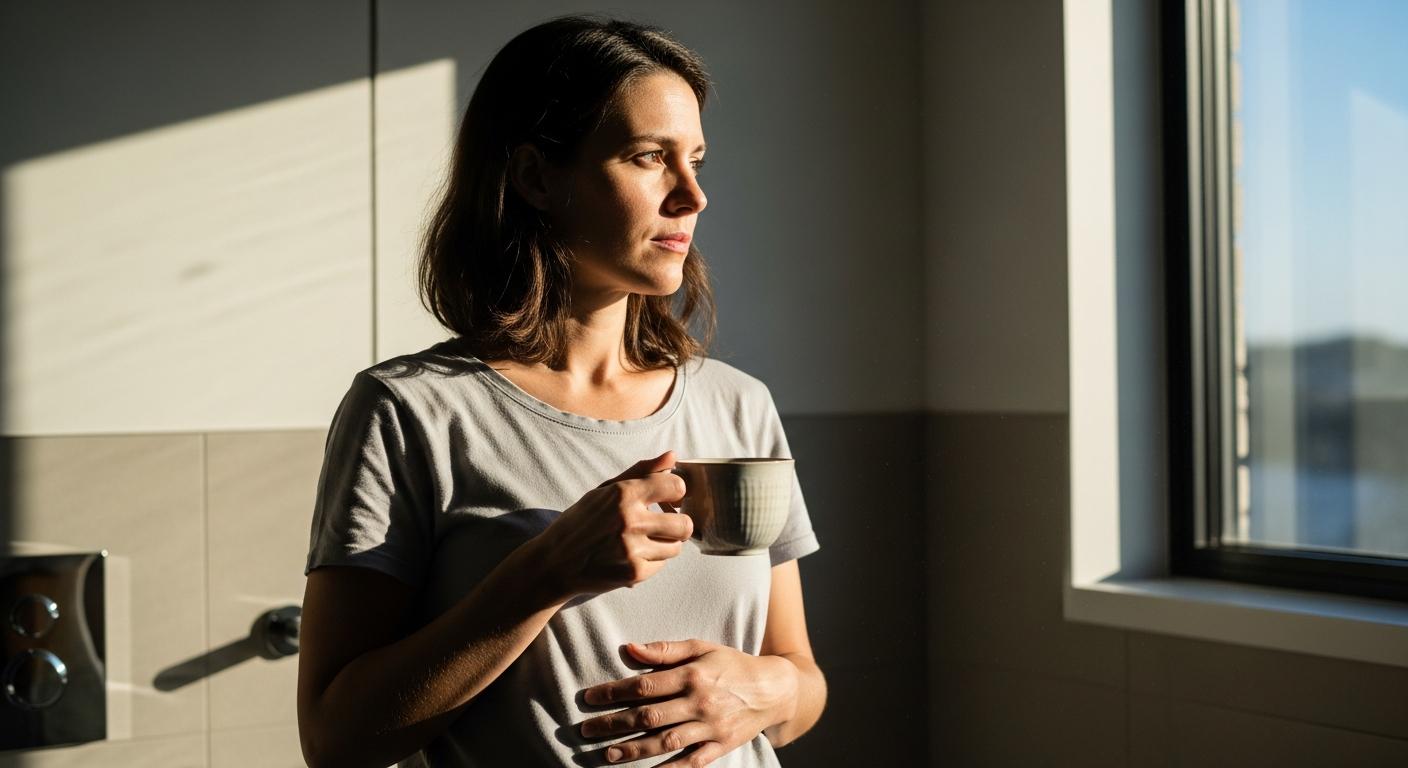 Une jeune femme pensive, debout dans une salle de bain, posant délicatement sa main sur son ventre, illustrant le moment d'attente après un test grossesse maison.