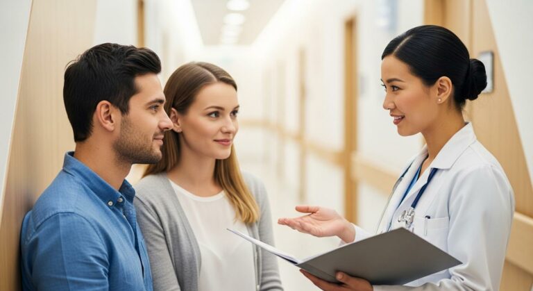 Des parents discutent avec un médecin dans un couloir de néonatologie pour comprendre le diagnostic d apnée du prématuré.