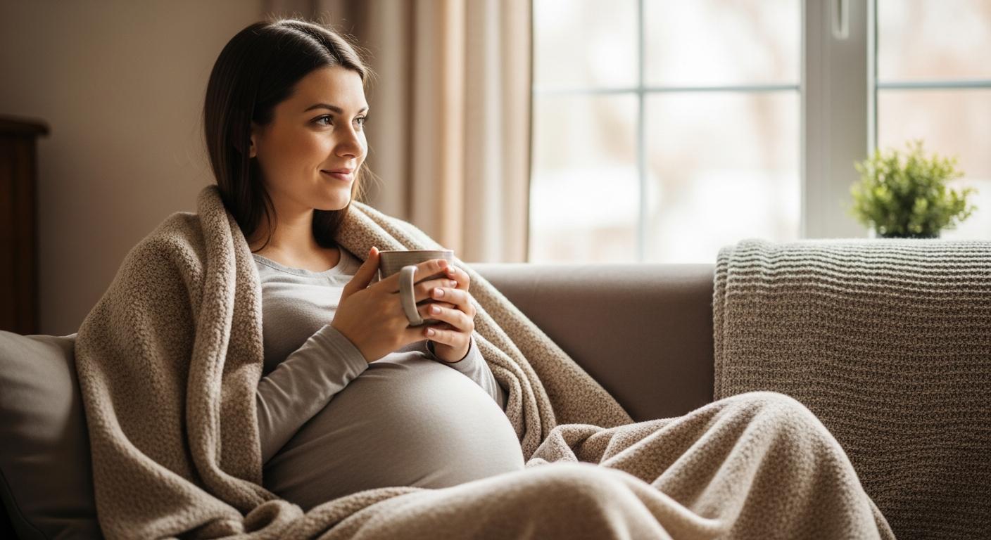 Femme enceinte profitant d'un moment cocooning sur son canapé pour contrer le Blue Monday enceinte