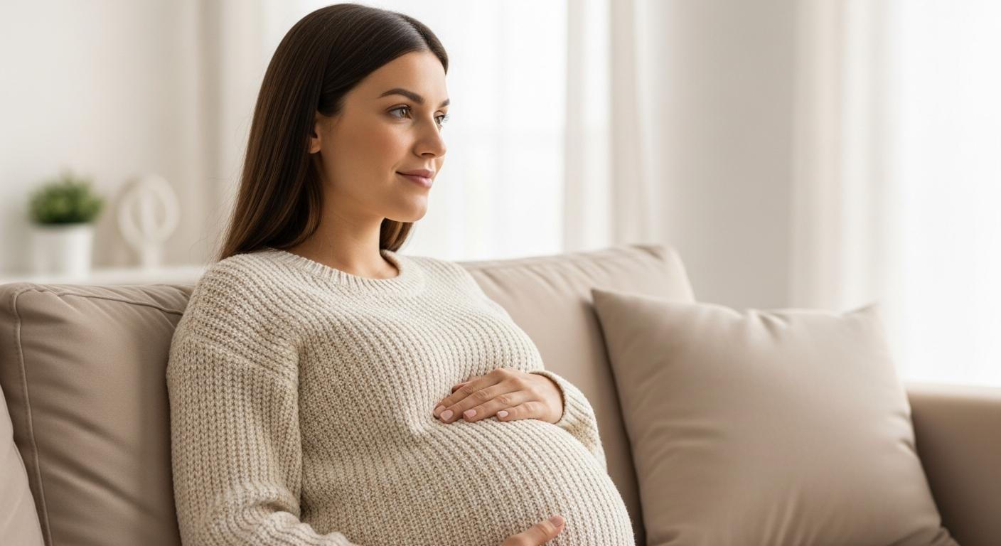 Femme enceinte détendue se reposant sur un canapé illustrant la recherche de bien-être durant le CBD grossesse