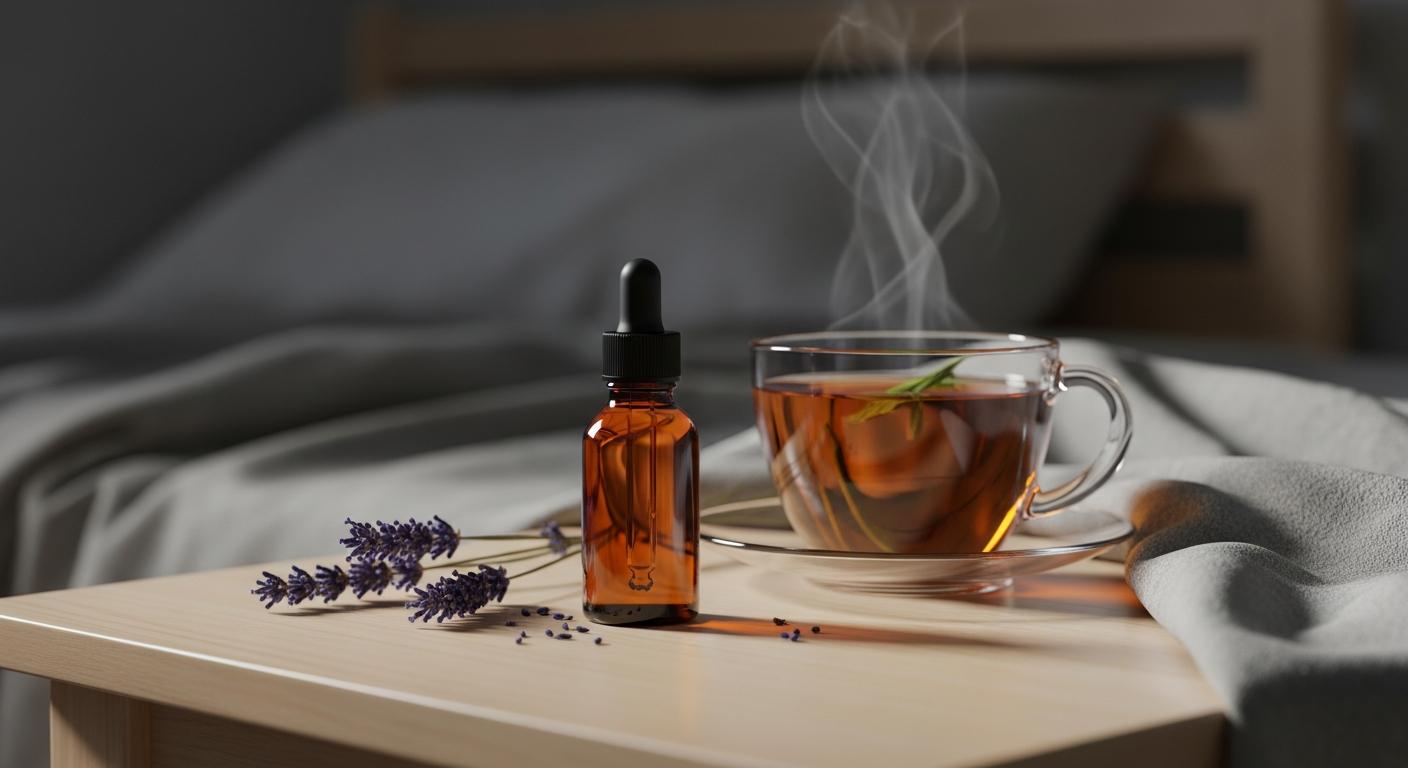 Flacon compte-gouttes en verre ambré sur une table en bois représentant de l huile CBD grossesse