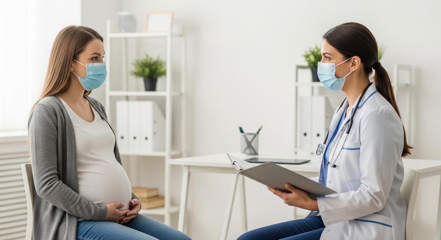 Femme enceinte portant un masque chirurgical en consultation chez le médecin pour un suivi adapté au COVID grossesse