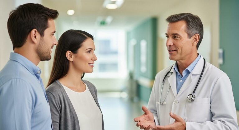 A doctor calmly explains the care protocol for necrotizing enterocolitis to two young parents in a maternity ward corridor.