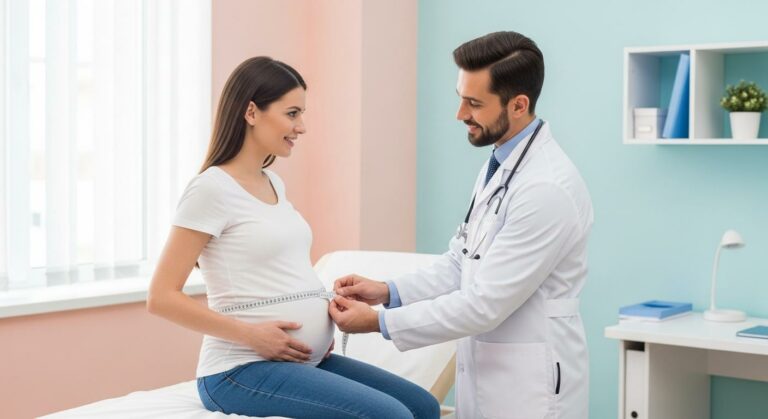 Médecin mesurant la hauteur utérine d une femme enceinte pour surveiller un possible RCIU grossesse lors d une consultation