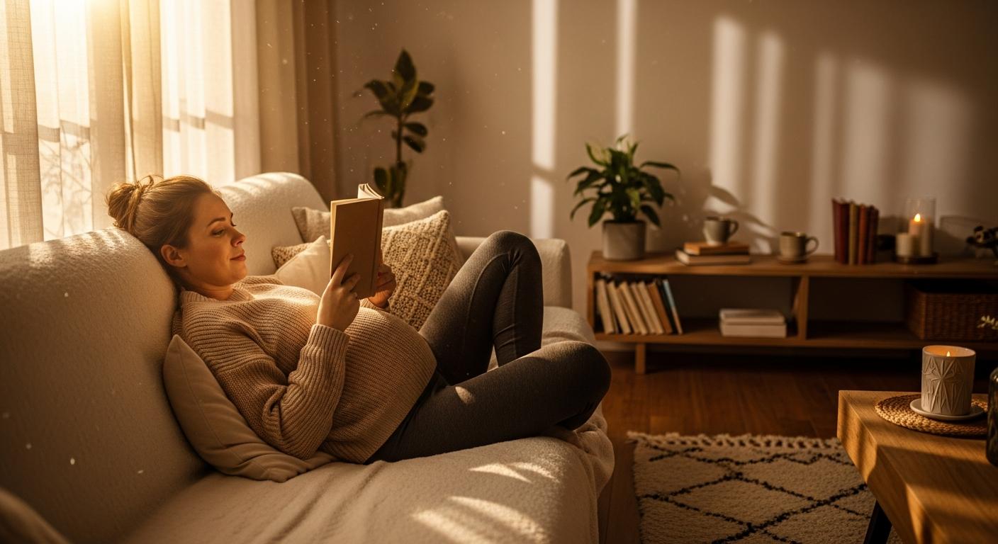 Femme enceinte se reposant allongée sur un canapé pour favoriser la croissance en cas de RCIU grossesse