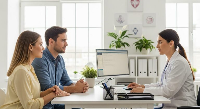 Jeune couple en consultation médicale pour discuter du diagnostic de la sclérose tubéreuse.