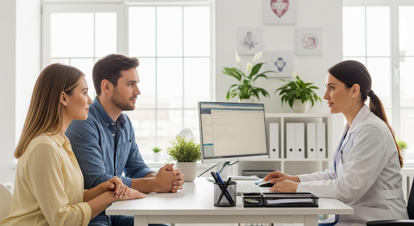 Jeune couple en consultation médicale pour discuter du diagnostic de la sclérose tubéreuse.