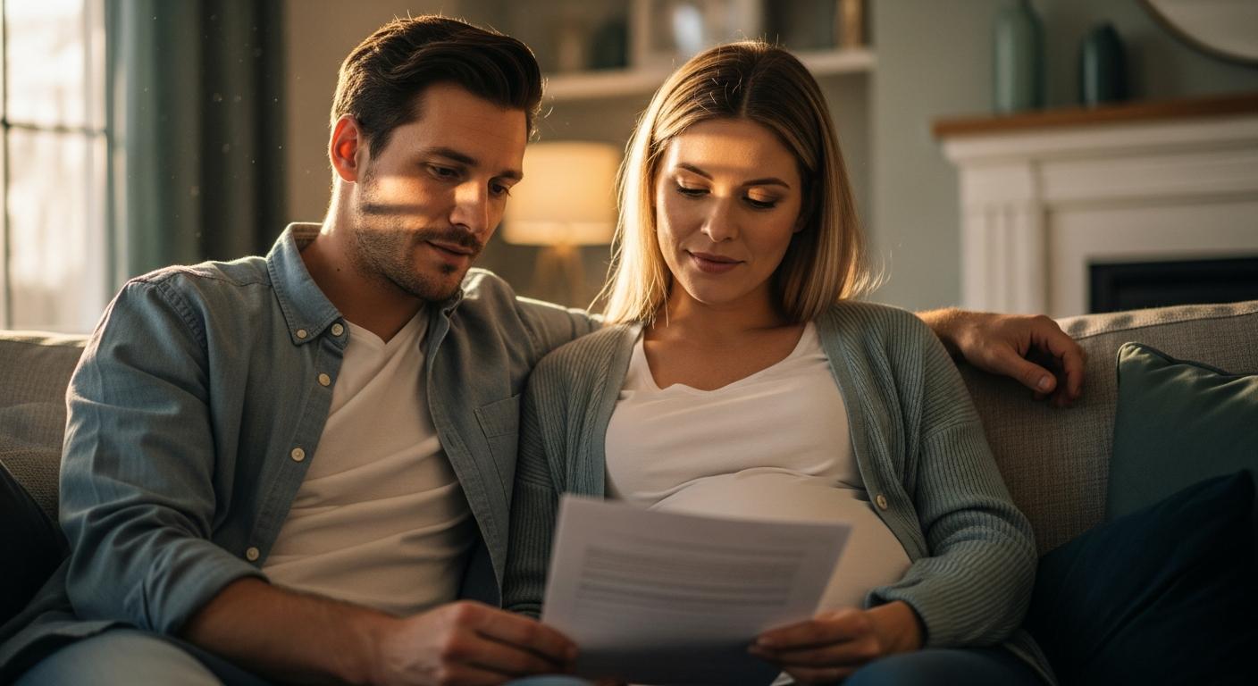 Futurs parents consultant de la documentation sur la sclérose tubéreuse dans leur salon.