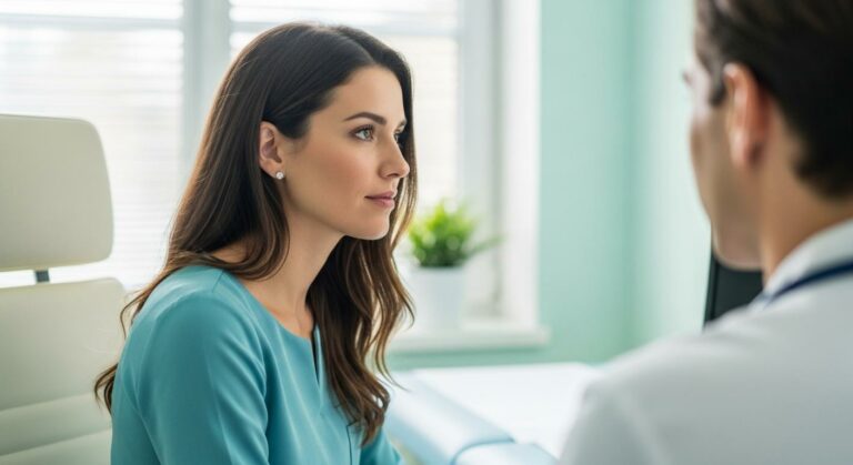 Une jeune maman écoute un médecin dans un cabinet médical pour aborder le diagnostic des spasmes infantiles