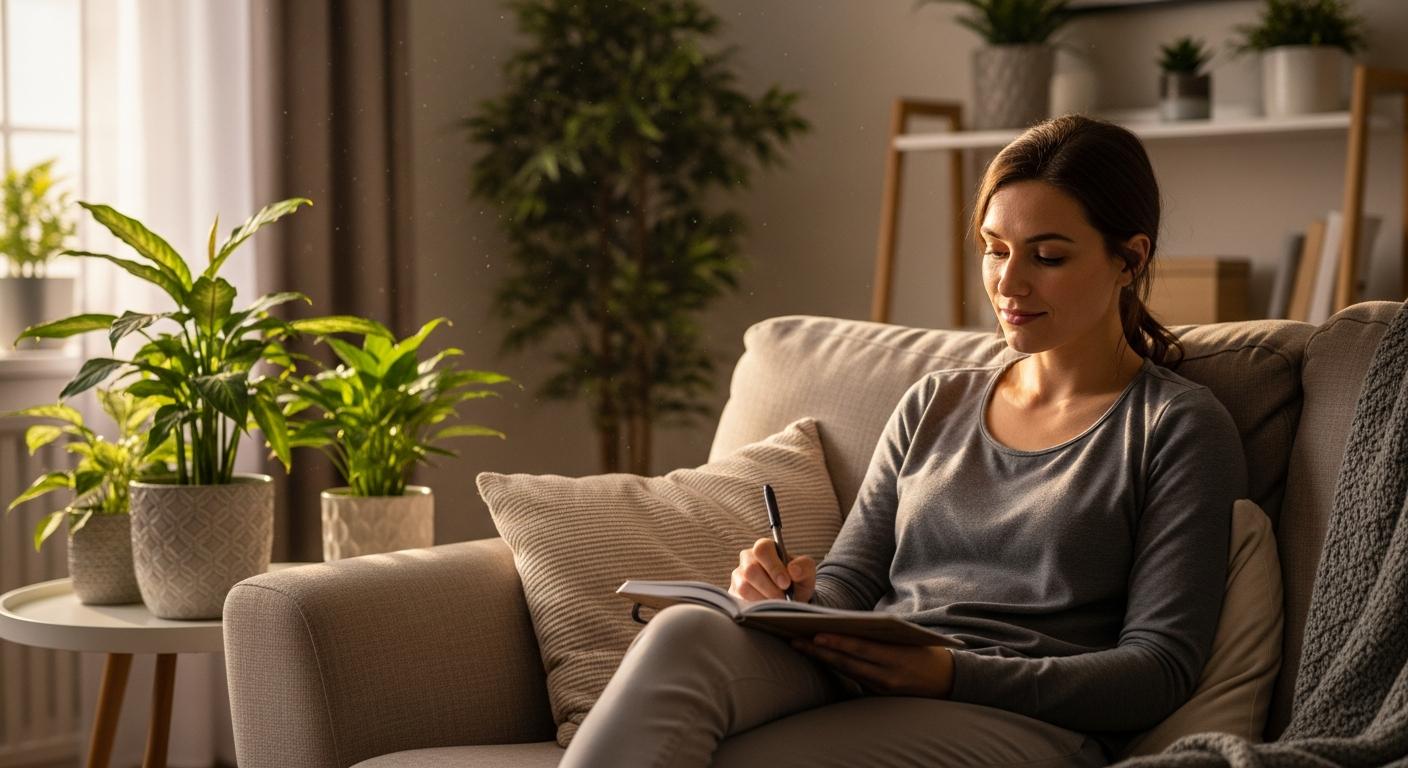Une maman écrit dans un carnet dans le salon pour suivre les symptômes liés aux spasmes infantiles
