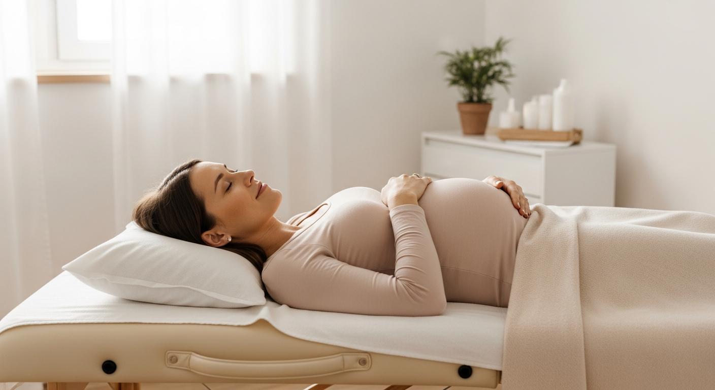 Femme enceinte détendue allongée sur une table médicale lors d'une séance d'acupuncture grossesse pour la relaxation.