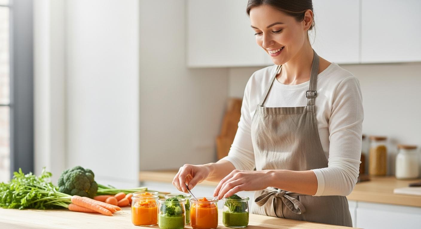 Une maman prépare des petits pots de légumes frais pour une alimentation bébé saine et équilibrée