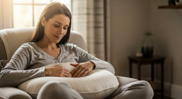 A relaxed mother sitting in an armchair with a nursing pillow preparing for baby breastfeeding