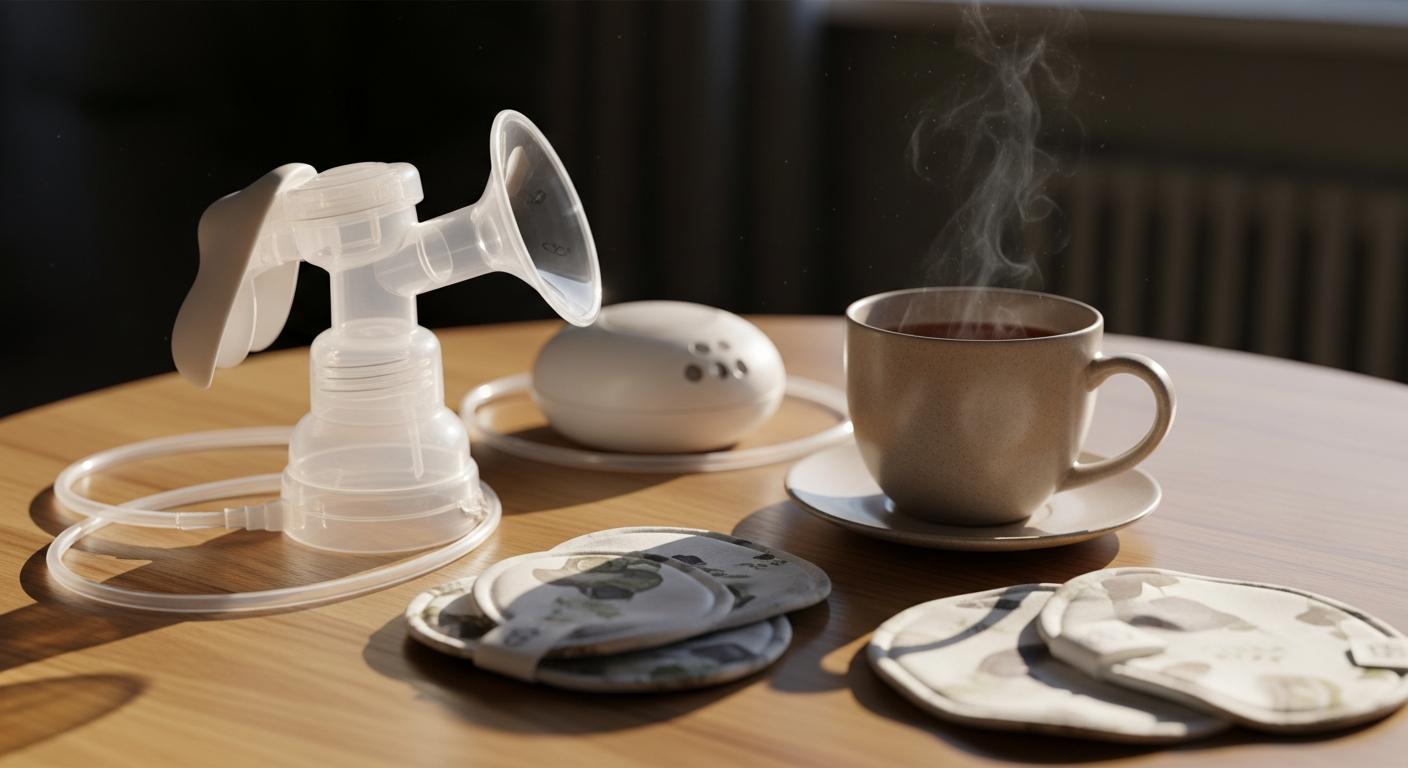 Breast pump and herbal tea placed on a wooden table to aid baby breastfeeding