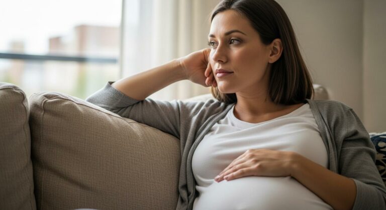 Femme enceinte au repos illustrant la fatigue durant une anémie grossesse