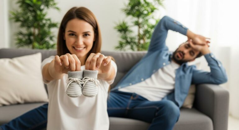 Une femme tient des chaussons de bébé devant un futur papa simulant un malaise pour une annonce grossesse drôle et décalée.