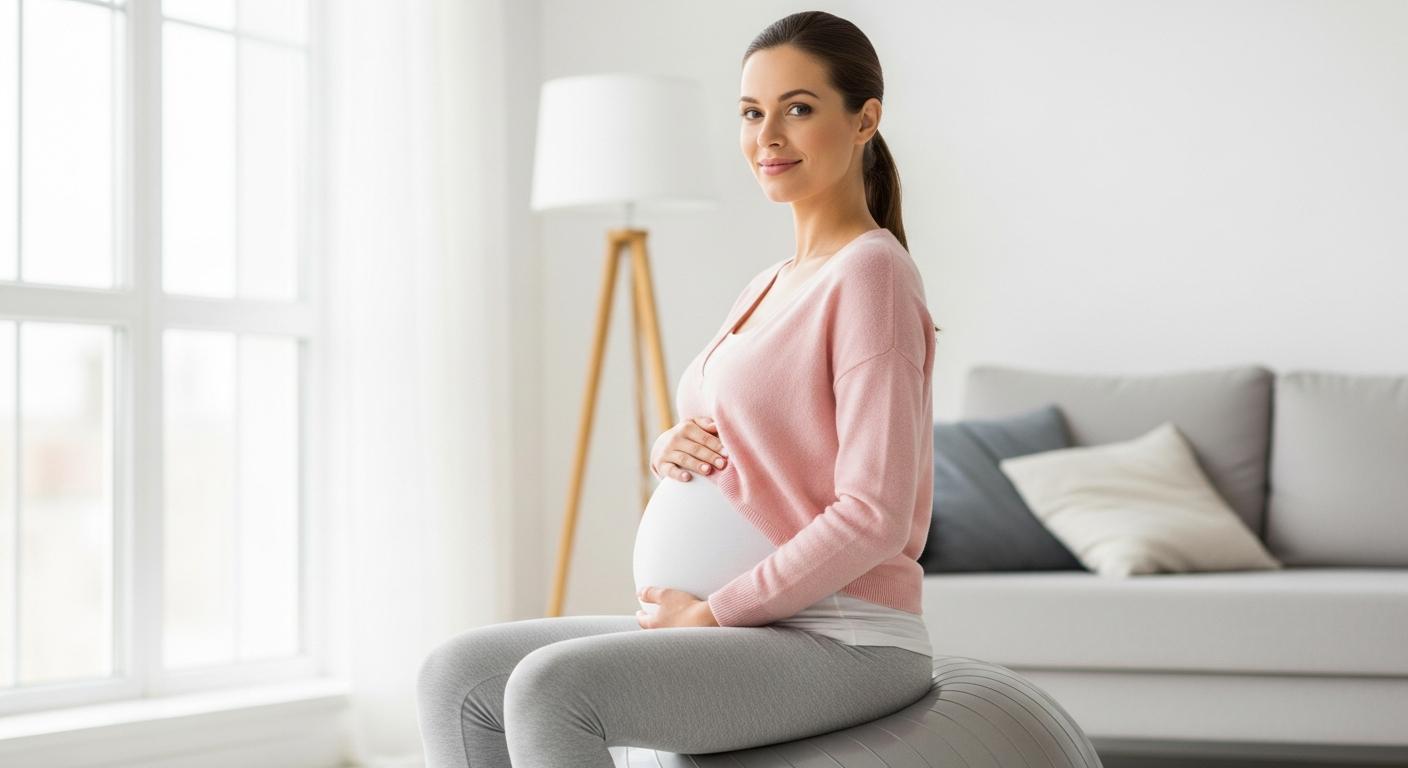 Femme enceinte assise sur un ballon grossesse dans son salon pour soulager son dos