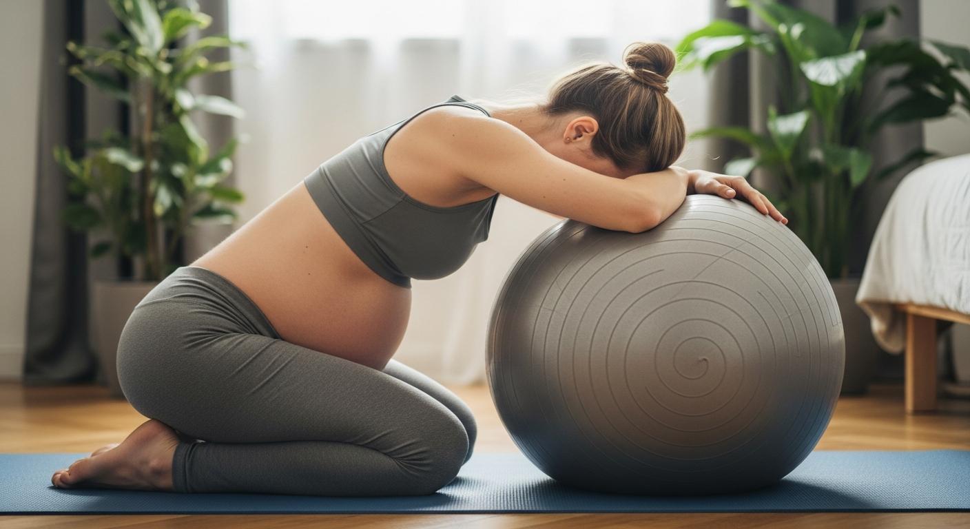 Exercice d étirement du dos avec un ballon grossesse à la maison