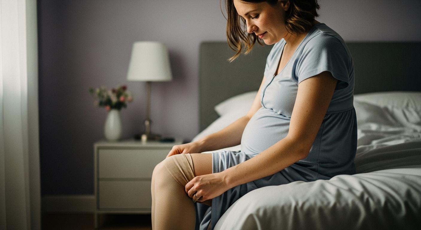 Pregnant woman sitting on the edge of her bed adjusting her pregnancy compression stockings