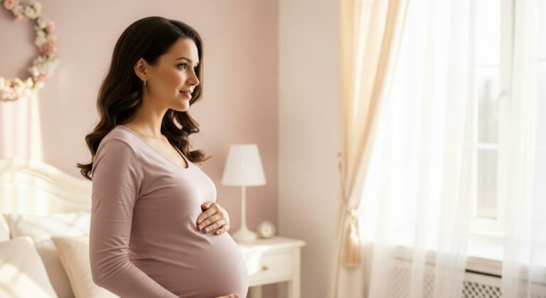 Une femme enceinte sereine dans une chambre lumineuse symbolisant l'attente d'un bébé coiffé