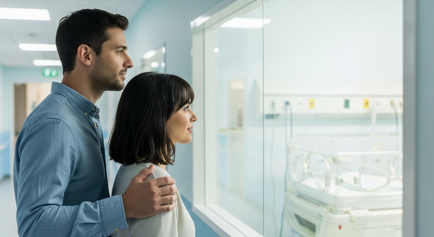 Parents observing an incubator in a neonatal unit for a premature baby
