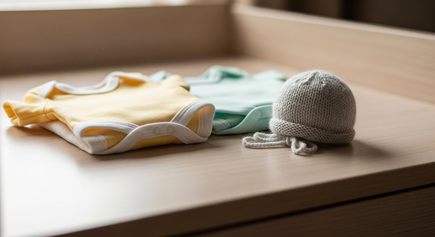 A pile of tiny bodysuits and a small hat special for a premature baby placed on a changing table