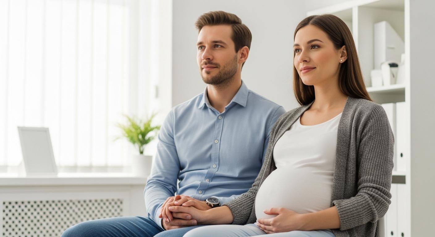 Une femme enceinte et son conjoint écoutent attentivement un médecin parler des particularités d un bébé siamois lors d une consultation.