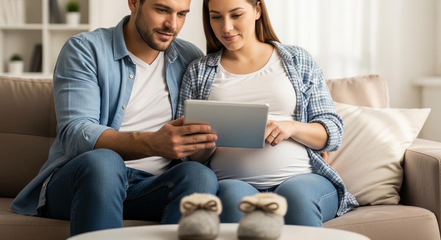 Un couple de futurs parents regarde une tablette ensemble pour organiser l arrivée de leur bébé siamois dans un environnement serein.