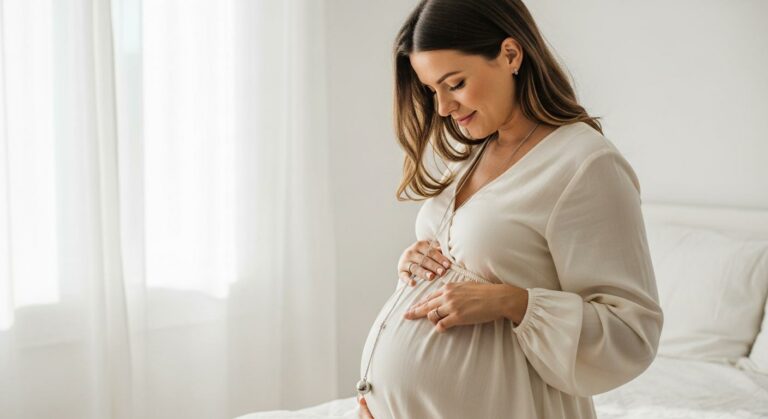 Une femme enceinte souriante porte un bola grossesse argenté sur son ventre rond devant une fenêtre