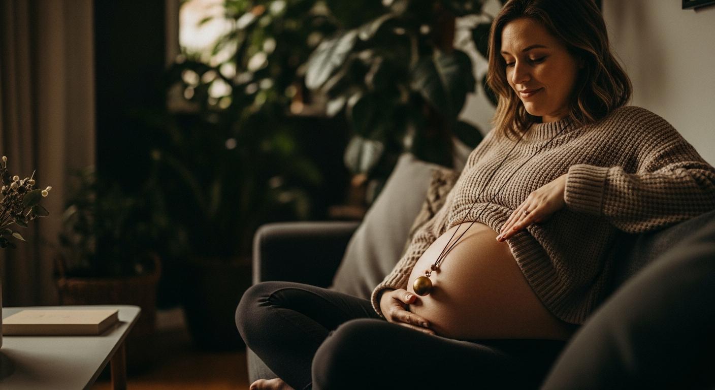 Une future mère se repose sur son canapé avec un bola grossesse doré posé sur son pull en maille
