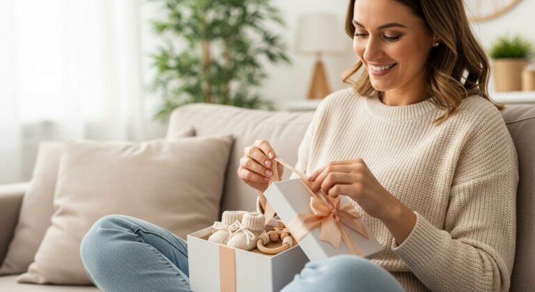A smiling young woman unpacks an excellent birth gift idea including booties and a wooden toy