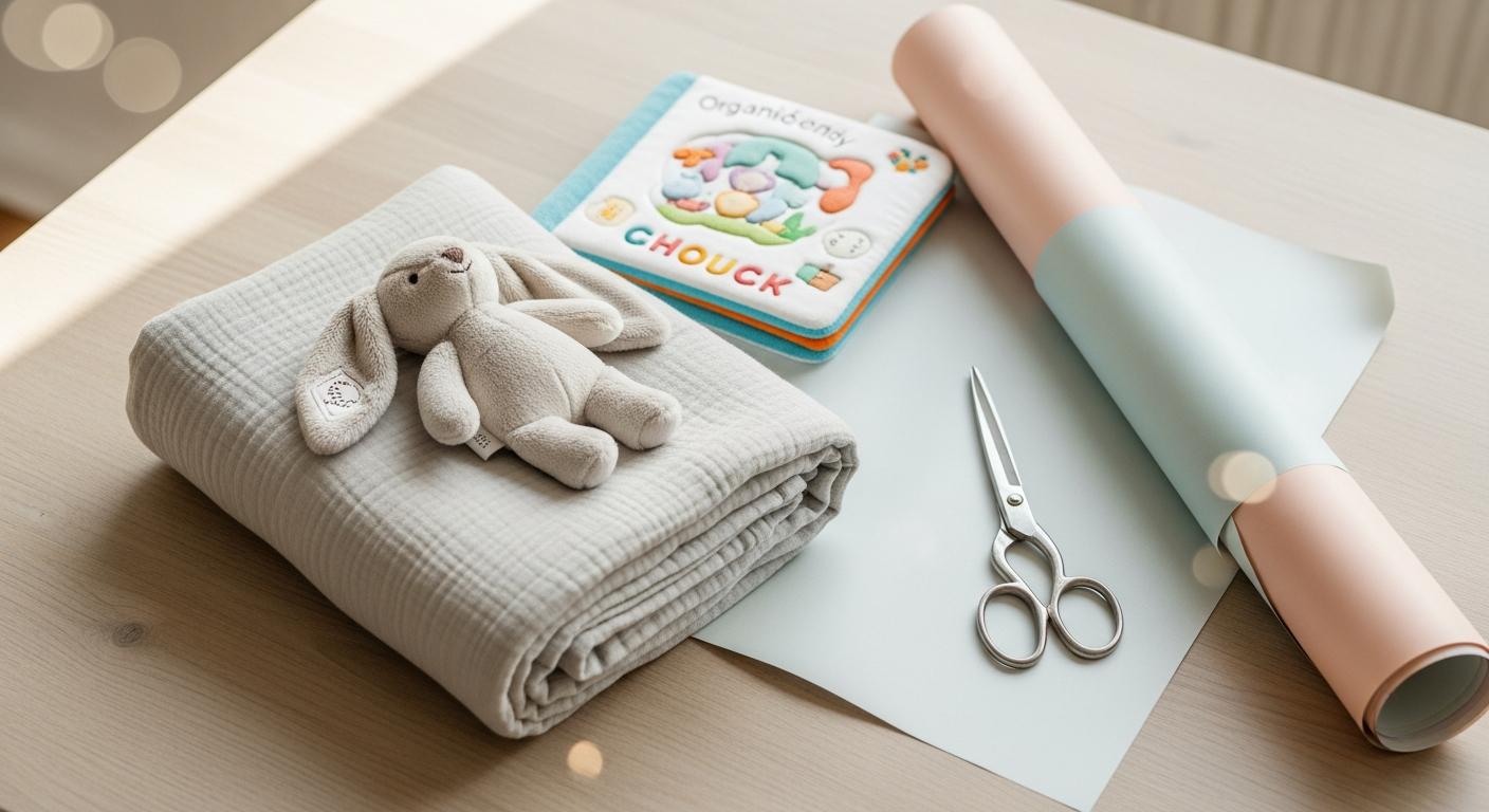 Top view of a table with a blanket and a plush toy illustrating a handmade birth gift idea
