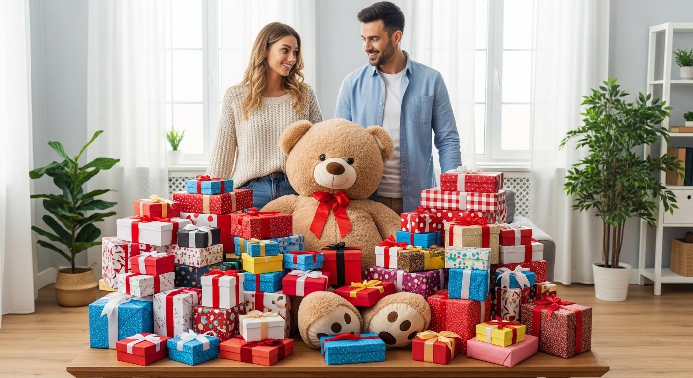 Un couple observe un tas de paquets et une peluche géante dans leur salon, illustrant les cadeaux naissance à éviter pour ne pas encombrer l'espace.