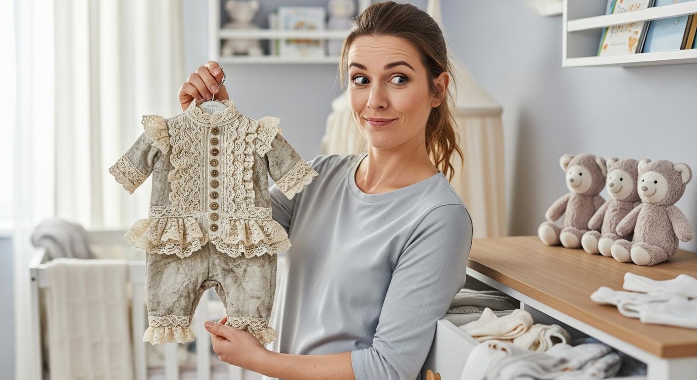Une jeune femme trie des vêtements de bébé trop compliqués et peu pratiques, représentant typiquement les cadeaux naissance à éviter.