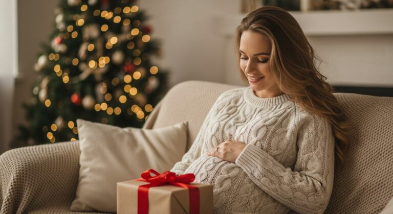 A joyful pregnant woman sitting on a sofa with a wrapped package illustrating Christmas gifts for pregnant women