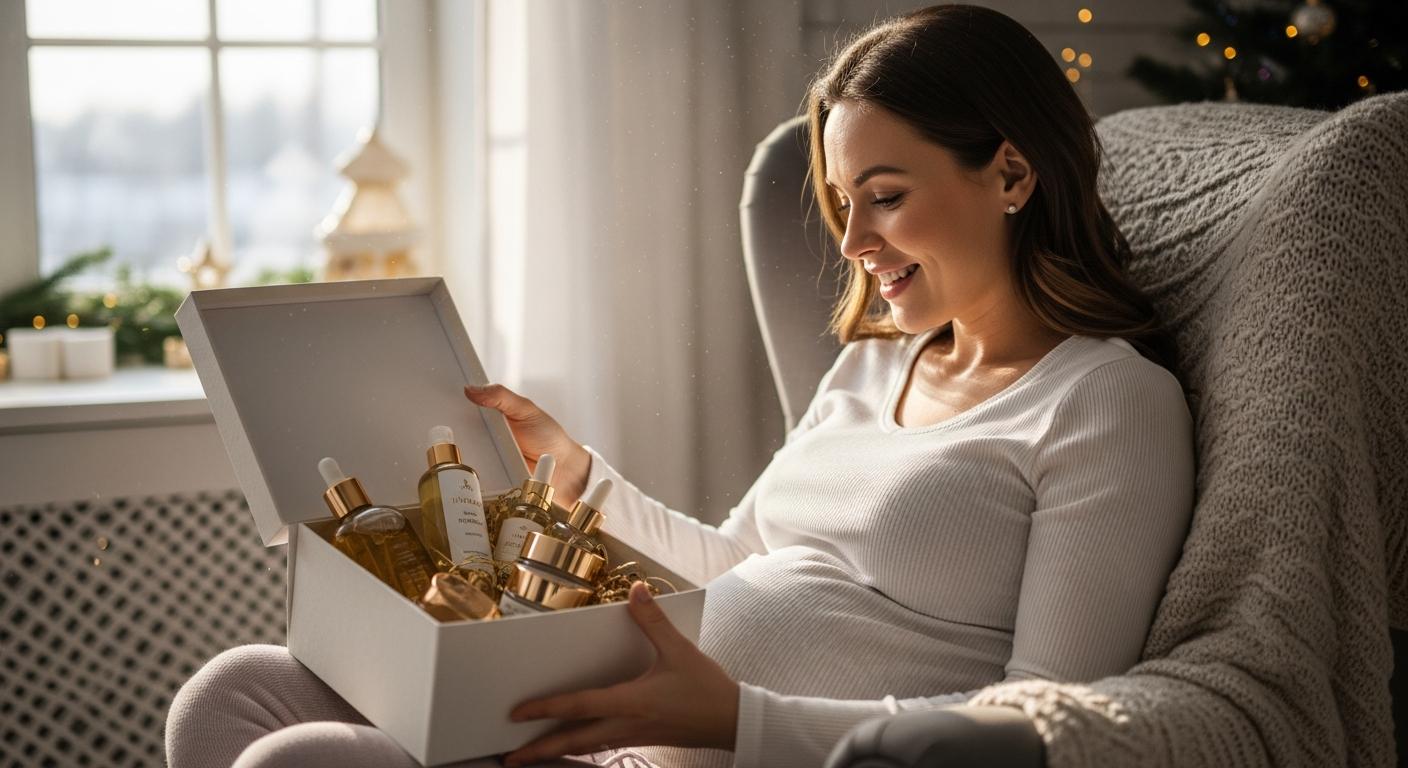 A mother-to-be discovers a beauty product set received as Christmas gifts for pregnant women