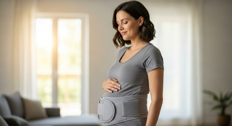 Femme enceinte souriante portant une ceinture grossesse de soutien dans son salon