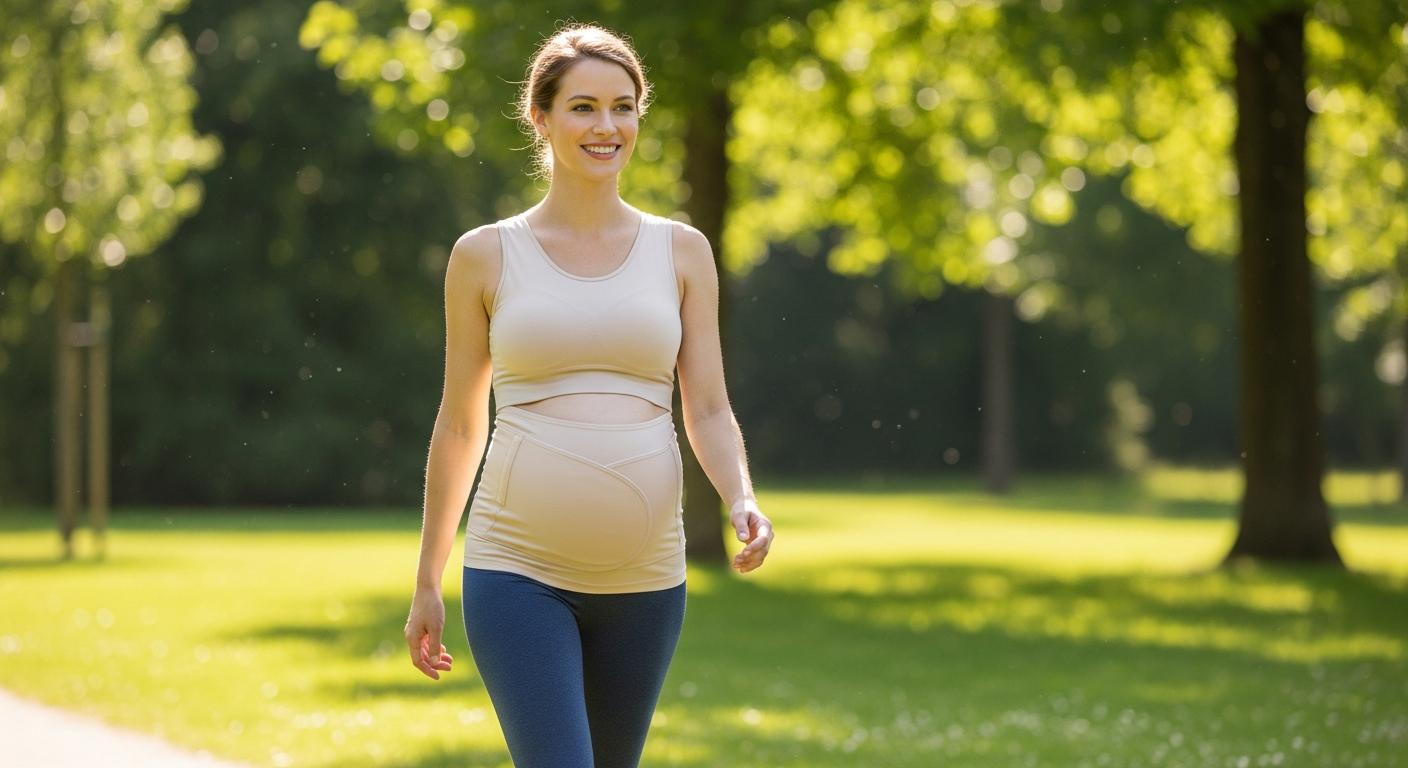 Jeune future maman en promenade active équipée d une ceinture grossesse confortable